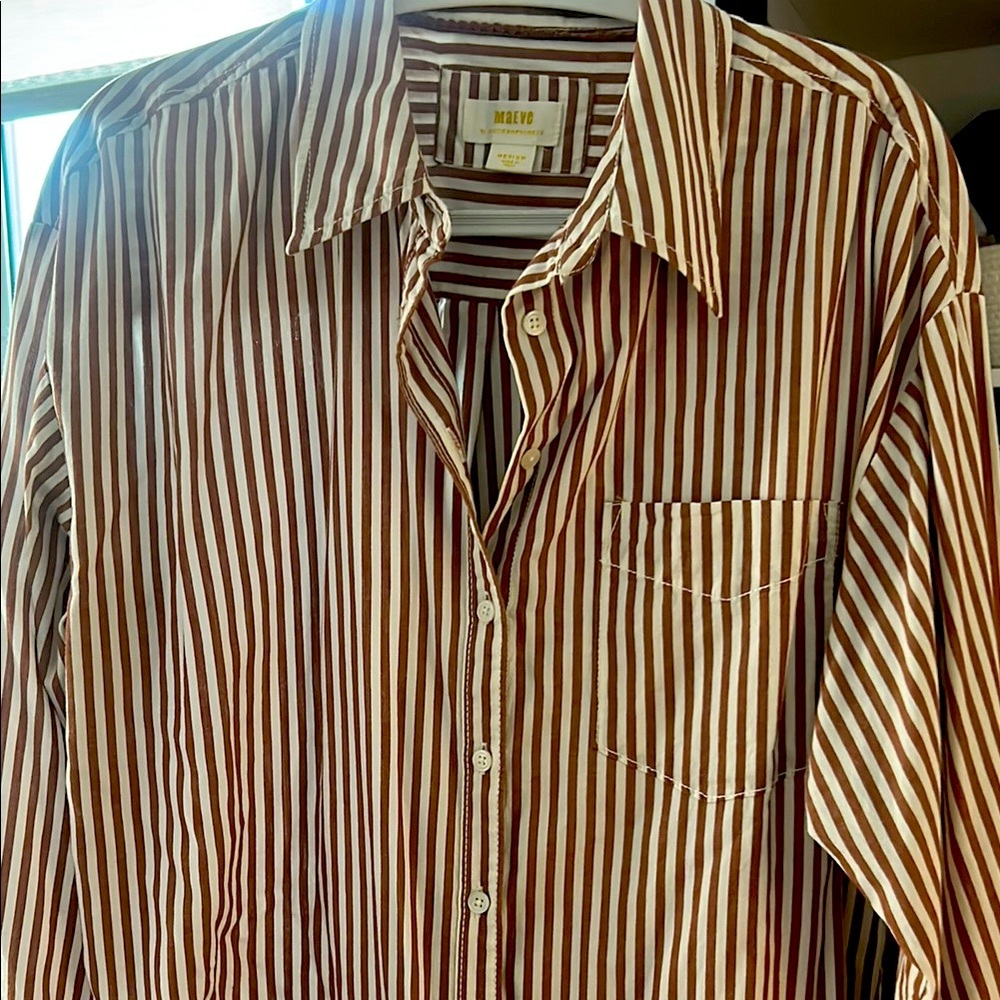 Maeve Brown and White Casual Button Down Shirt